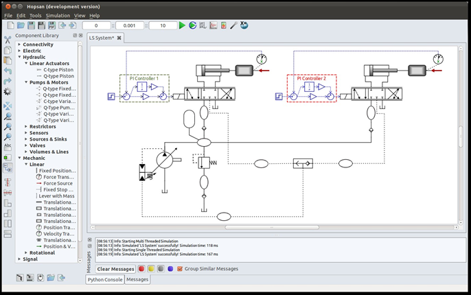 Screenshot del programa de simulación neumática Hopsan