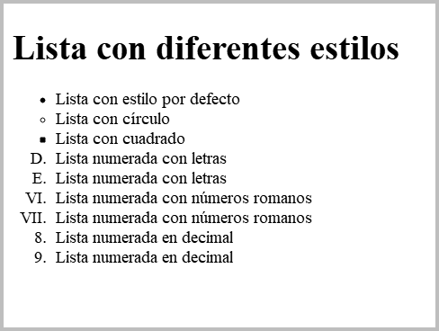 Resultado de visualizar los ficheros css-list-style.html y css-list-style.css en un navegador