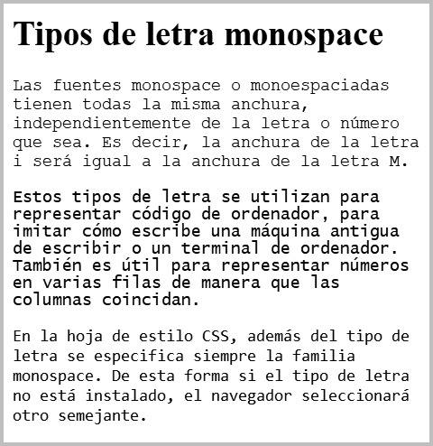 Resultado de visualizar los ficheros css-monospace.html y css-monospace.css en un navegador