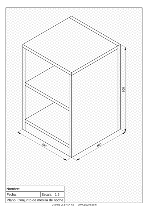 Plano de conjunto de la mesilla de noche en perspectiva isométrica.