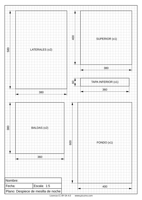 Plano de despiece de la mesilla de noche.