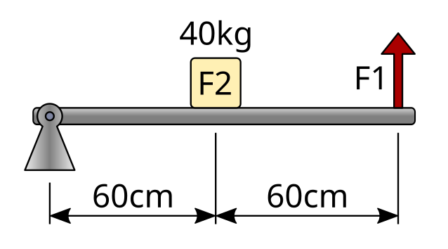 Palanca de segundo género con fuerzas y distancias de ejemplo.