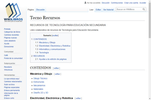 Screenshot de la página web Wikilibro Tecno Recursos.