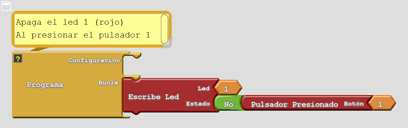 Programa de Ardublock para apagar el led D1 con el pulsador 1 del panel de control PC42