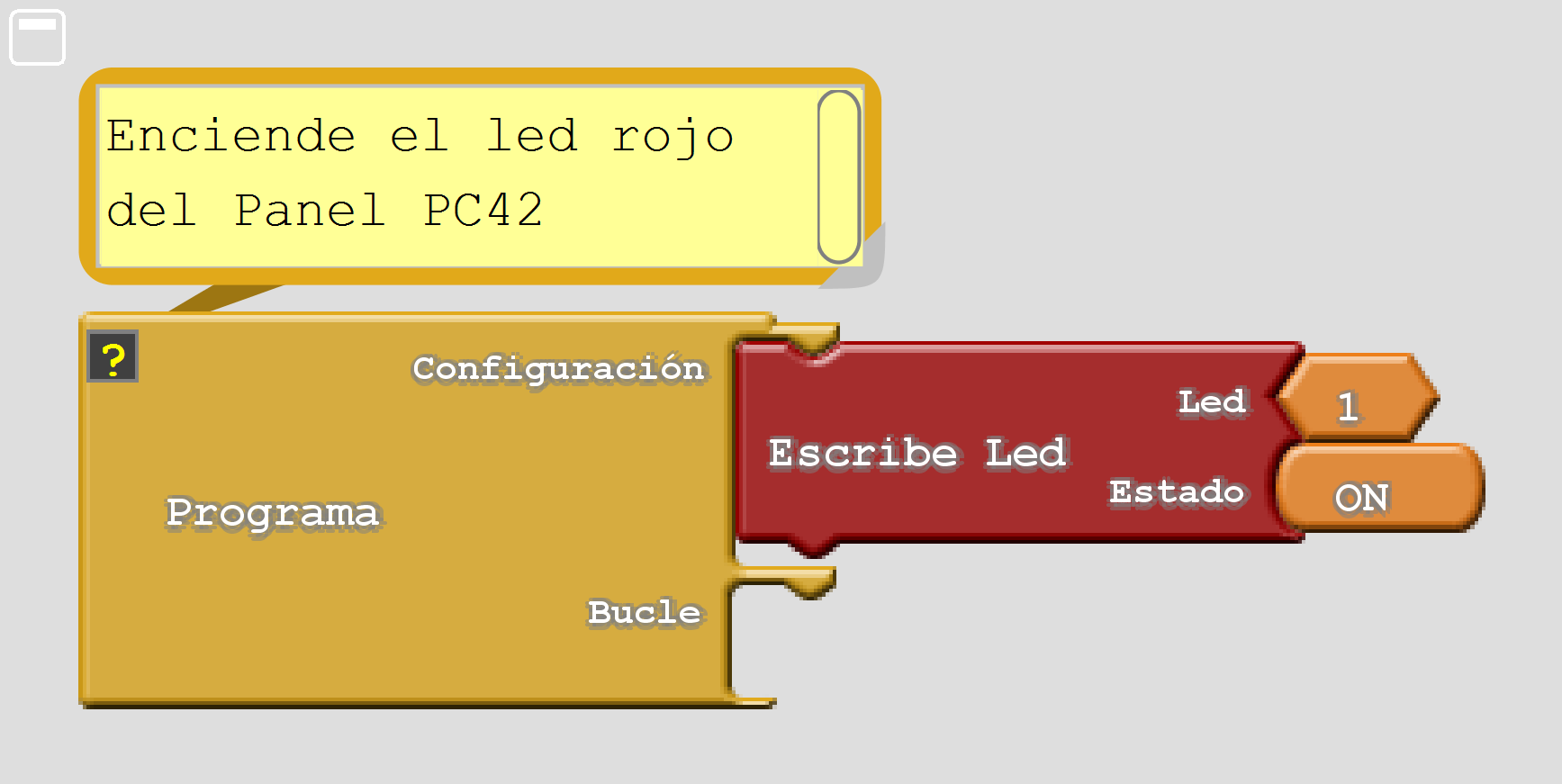 Programa de Ardublock para encender el led D1 del panel de control PC42