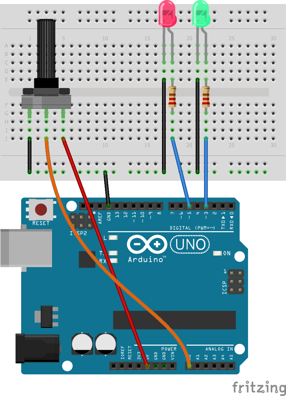 Montaje en protoboard de placa Arduino con un potenciómetro y dos ledes