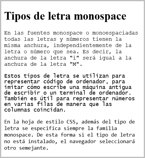 Resultado de visualizar los ficheros css-monospace.html y css-monospace.css en un navegador