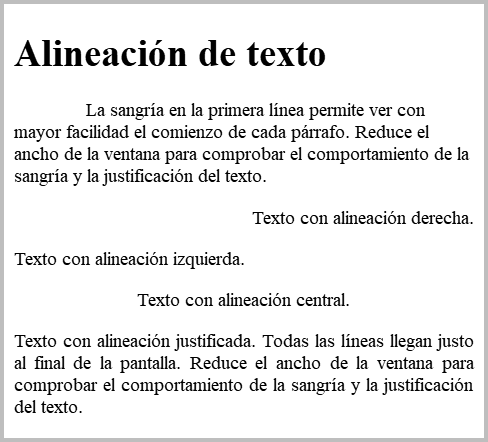 Resultado de visualizar los ficheros css-text-align.html y css-text-align.css en un navegador